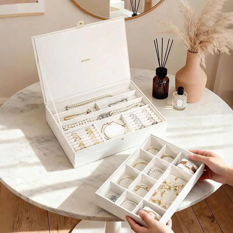 Casegrace 3-Layer Stackable Large Jewelry Box Organizer with Removable Trays - Waterproof PU Leather Storage with Soft Velvet Lining, Snap Closure, for Rings, Earrings, Watches and Bracelets