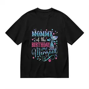 Women'S "Mommy of the Birthday Mermaid" Graphic T-Shirt - Black Short Sleeve Crew Neck Casual Top with Mermaid & Seashell Design, Medium Stretch, Machine Washable Spring/Summer Tee, Playful Print, Com