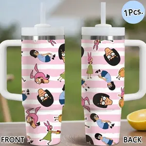Cartoon Bob's Burgers Vacuum Flasks 40oz Stainless Steel Funny Dad Tumbler with Handle & Straw, Vacuum Insulated Travel Mug Keeps Drinks Cold Up to 12 Hours, Leak-Resistant Cup for Iced Coffee, Water, Office, Gym or Travel