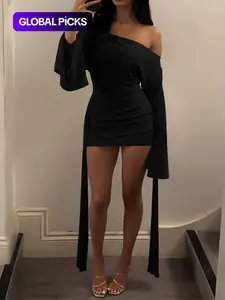 Elegant Asymmetrical Long-Sleeve Short Dress, Tie Front Formal Party Dress, Spring & Fall Women's Fashion Womenswear, Chic Design for Weddings and Parties