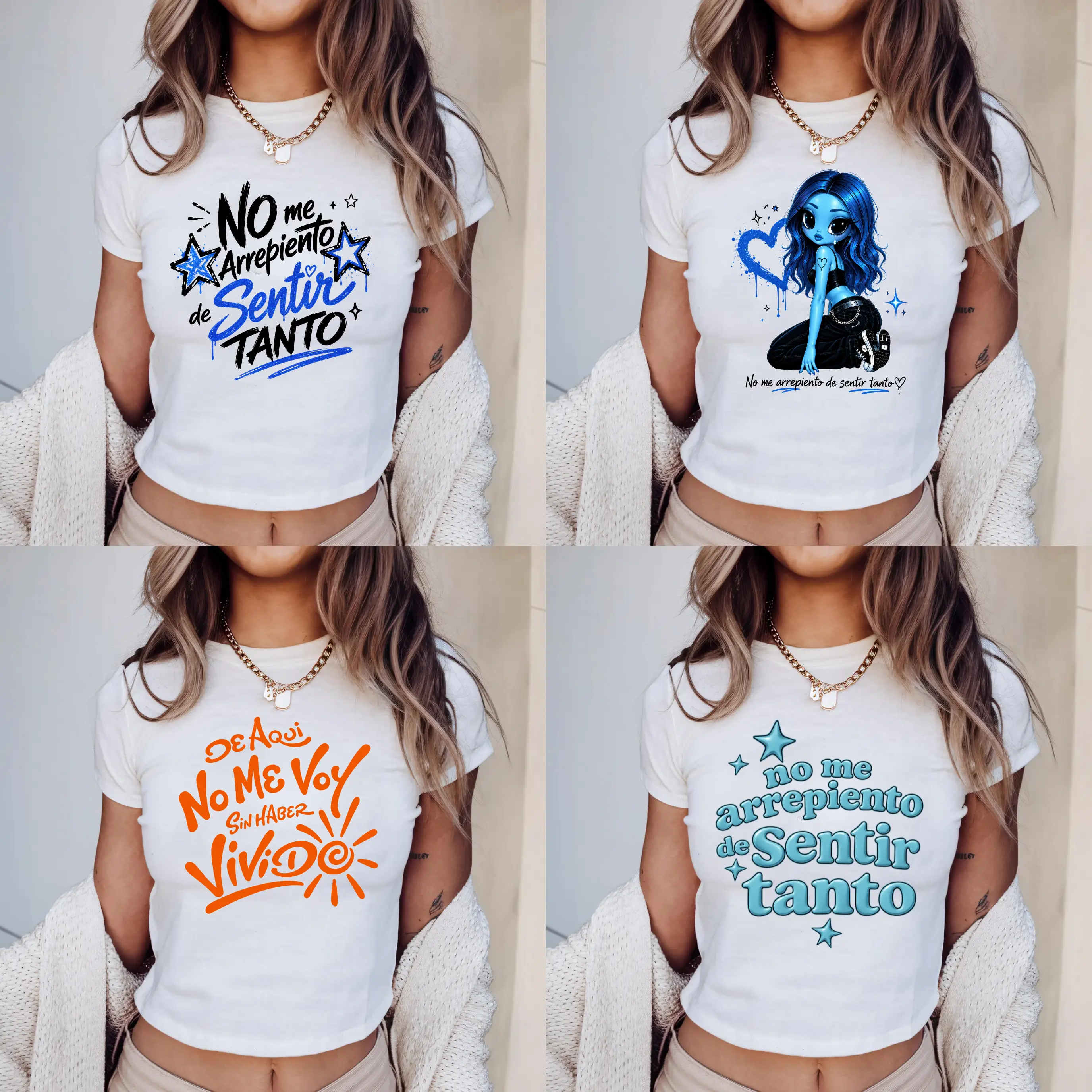 No Me Arrepiento De Sentir Tanto Baby Tee, New Album Fan Apparel Gift, Graphic Baby Tee, Trendy Y2K Fitted Crop T-Shirt, Letter Print Casual Summer Top, 4 Design