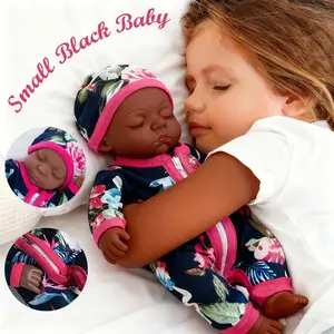 29cm/ 11.4 inch Black Baby Dolls Silicone Full Body with Sleeping Clothing Set,silicone Baby Dolls for Girls, Aferican American Black skin baby Doll Toys with Sun flowers Printing Sleeping Onesies and Hat, Ideal and Cheap Gift for Christma