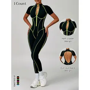 Women's Striped Print Zip Up Jumpsuit, Casual Comfy Breathable Sleeveless Jumpsuit for Daily Wear, Cutout Bodysuit, Ladies Clothes for All Seasons, Costumes, Womenswear