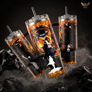 Sabo Fire Fist One P Revolutionary Army ASCE 40 oz Vacuum Insulated Tumbler with Handle Mera Mera no Mi Flame Graphic Design Keeps Drinks Hot/Cold 12H+, 18/8 Stainless Steel Travel Mug for Fans Manga Lovers Anime Merch Gift