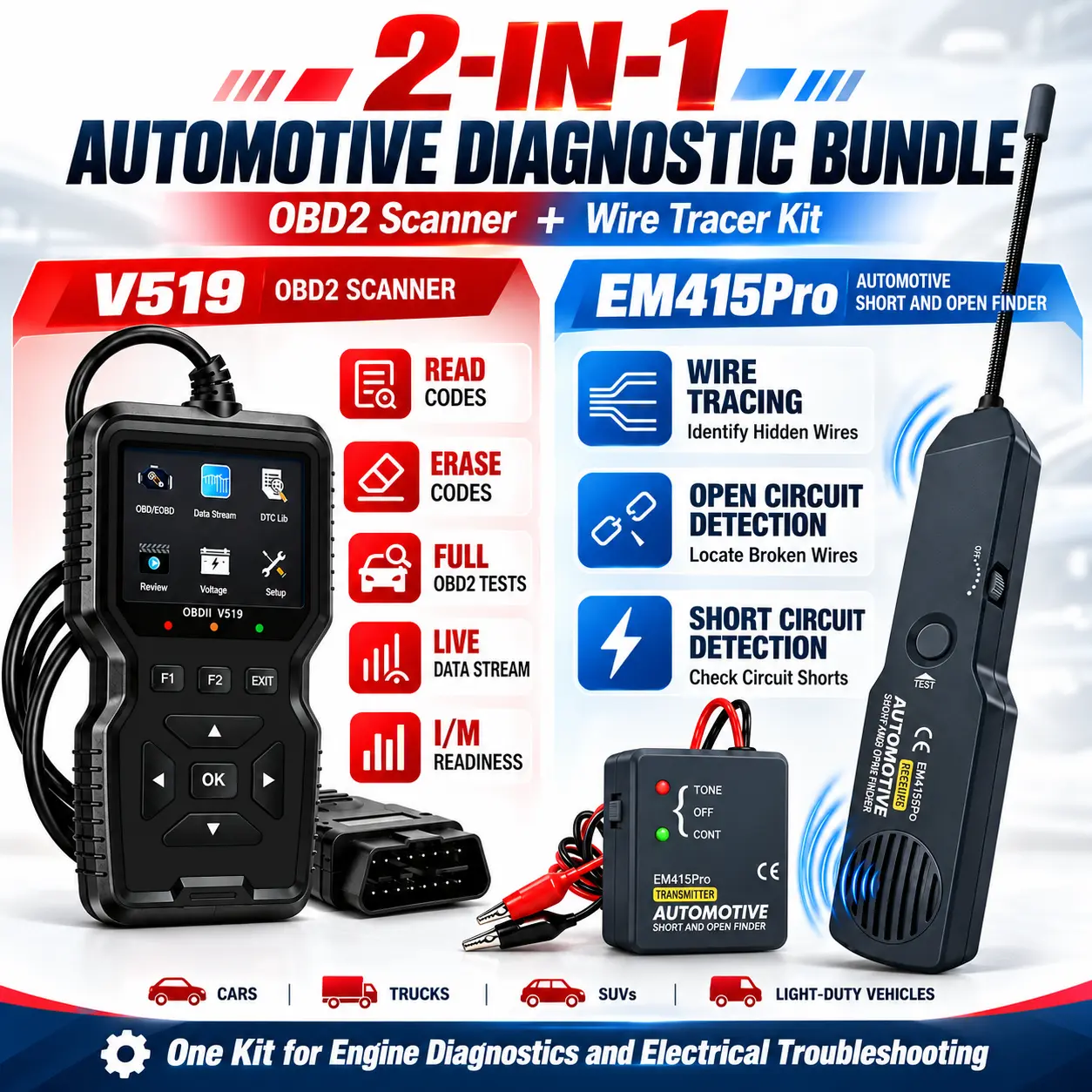 2-Piece Automotive Repair Tool Kit, V519 OBD2 Car Scanner and EM415Pro Wire Tracer, Engine Fault Code Reader and Automotive Electrical Circuit Tester