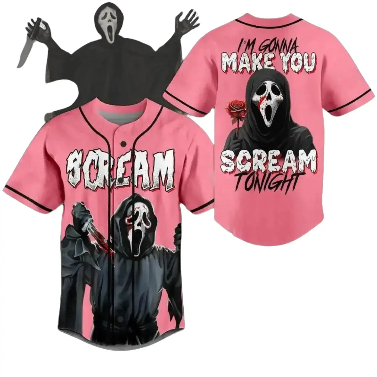 Ghostface Baseball Jersey – Pink Horror Scream Inspired Button Up Shirt for Halloween and Everyday Style