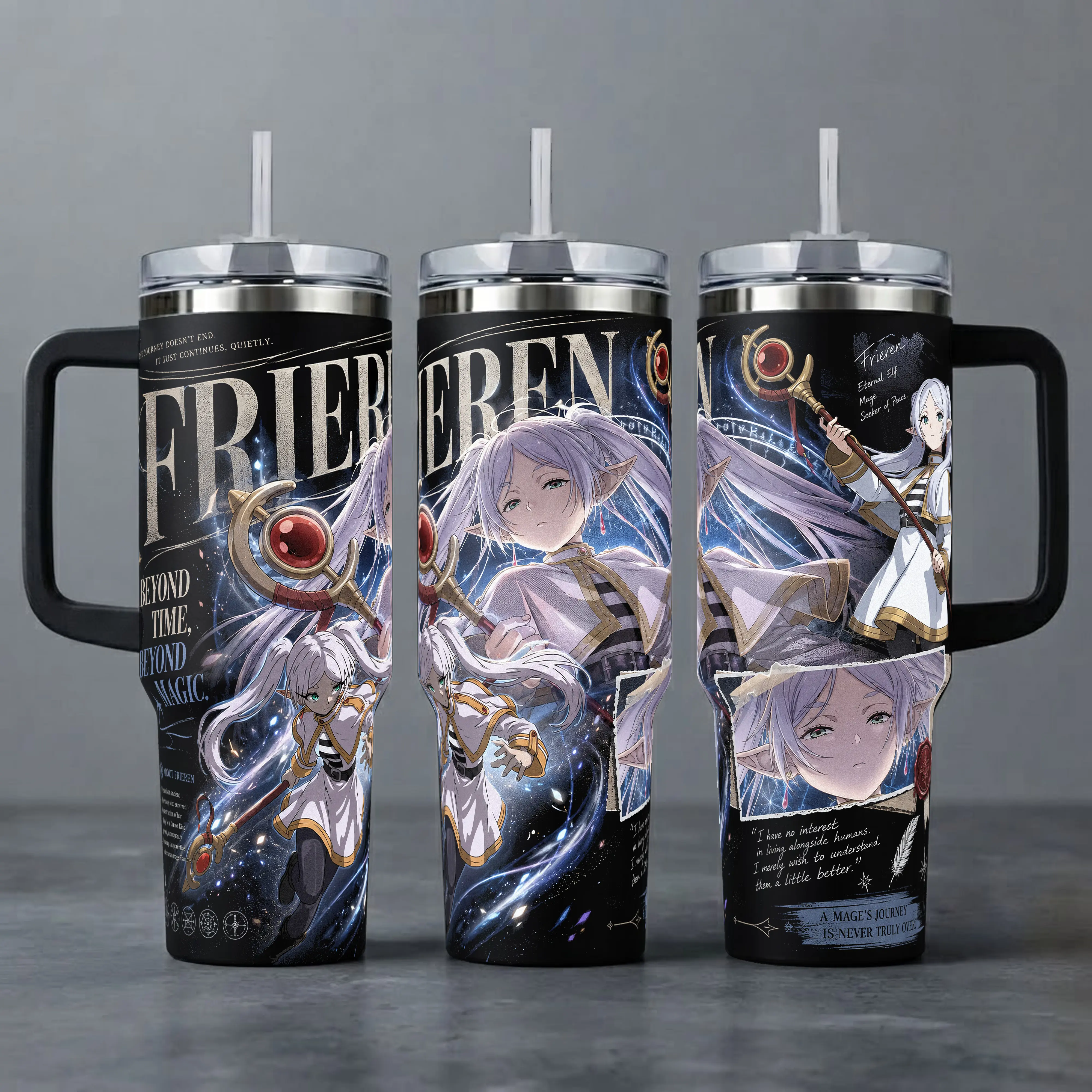 Frieren: Beyond Journey's End Insulated Tumbler Set - 40oz Handle Cup, 20oz Reusable Travel Mug with Lid, Printed Elven Mage & "Beyond Time, Beyond Magic" Graphic, Coffee Drinkware for Anime Fans