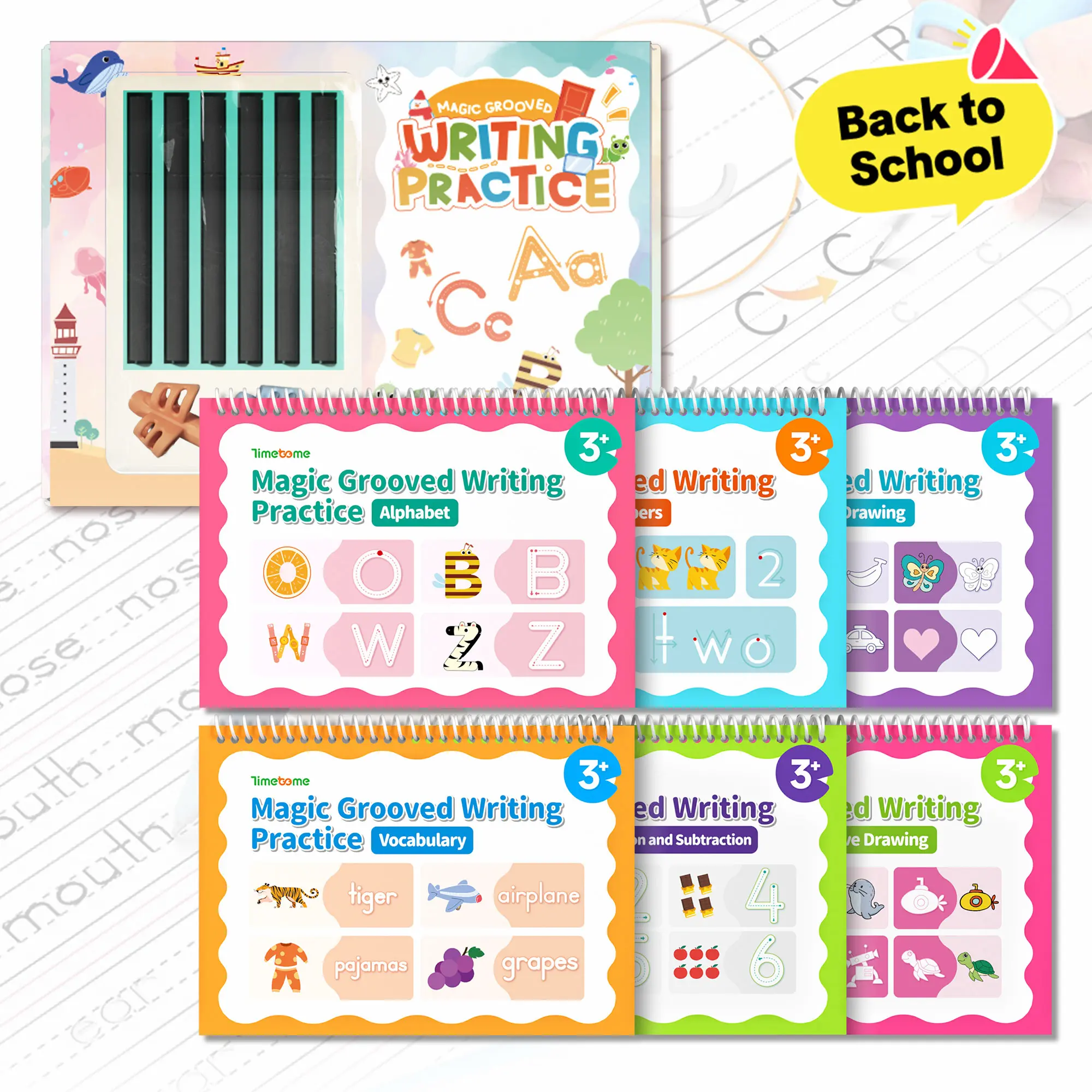 Timetome Reusable Grooved Handwriting Workbook Set (6 Books, 10.2×7.2 inches, 5 Auto-Disappearing Refills) - Kids' Early Elementary Study Materials for Number, Alphabet, Math, Words, Drawing - Child Gift, Magic Ink,back to school,back to school haul