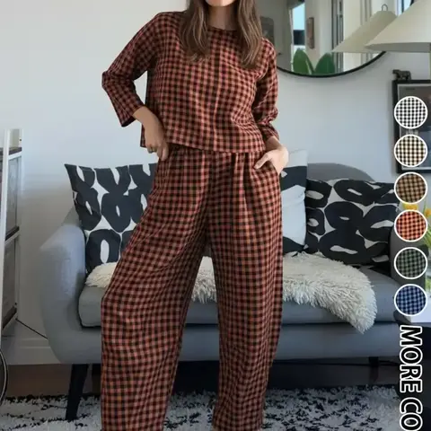 Women's Casual Woven Fabric Plaid Checkered Print Co-ord Set Womenswear for Fall, Loose Fit Long Sleeve Top & Elastic Waist Wide Leg Pants Trouser Two-Piece Set Loose Pant Sets for Home Wear Clothes