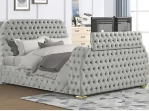 B01-GY Grey tufted velvet fabric queen bed frame with TV lift and visual fireplace in footboard