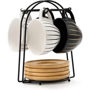 Ceramic Demitasse Espresso Cups Set with Saucers and Metal Stand, 8 oz Porcelain Cappuccino Cups Teacup For , Espresso, Latte, Coffee, Cafe Mocha, Set of 4, Stripe White & Black