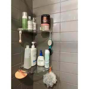 Jepai Acrylic Corner Shower Shelf with Hooks, 2-Pack, Adhesive Wall-Mounted Bathroom Shower Storage Rack, Suitable for Shower Room and Kitchen Storage, Space-Saving Design
