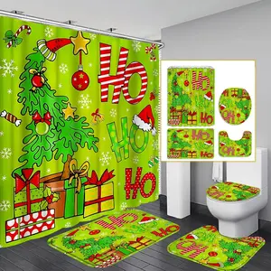 4-Piece Grinch Green Christmas Tree Shower Curtain Set 🟢 - 12 Hooks + 3-Piece Mat Combo, Modern Home Partition Curtain, Perfect Housewarming & Christmas Gift, Black Friday Deal