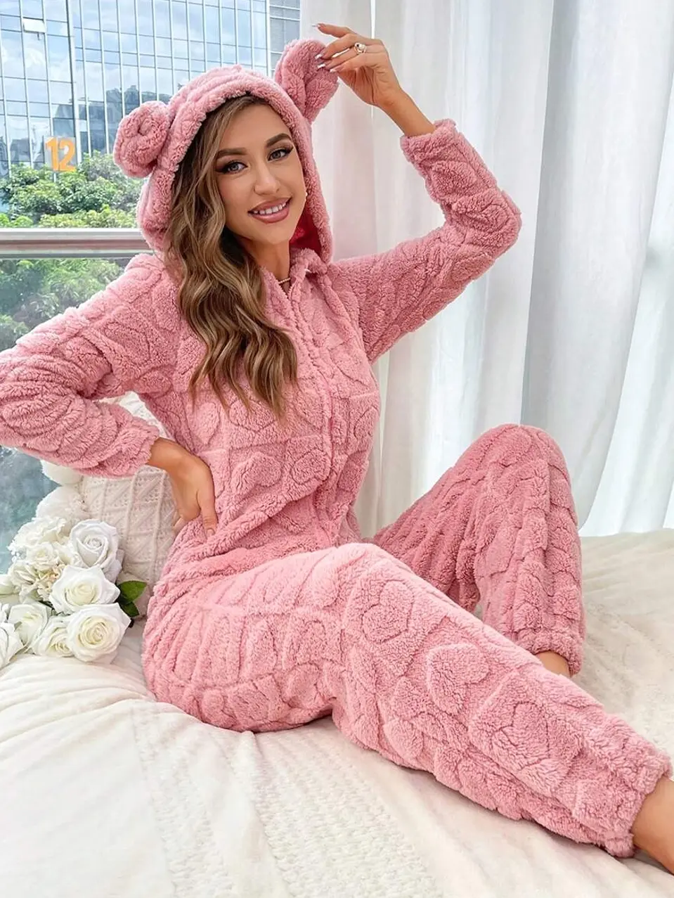 Pink Flannel Sleep Jumpsuit with 3D Ear Design Hooded Zipper Front and Pockets