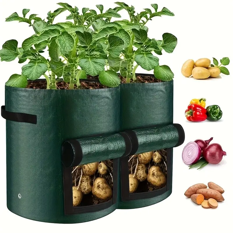 Potato Planting Bag Pe Round Dark Breathable Gardening Seedling Bag, Vegetable Growing Bucket, Beautiful Planting Bag, Nonwoven Fabric Pots, Plant Grow Bags, Vegetable Planters, Breathable Planting Container, Outdoor Garden Planters