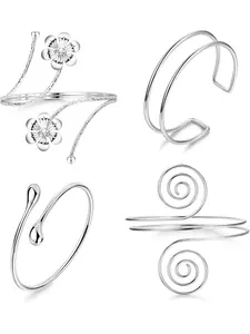 4PCS Upper Arm Cuff Bracelets for Women Gold Silver Cuff Bangle Bracelet Adjustable Upper Arm Bands Armband Set Simple Open Armlet Trendy Jewellery Accessories