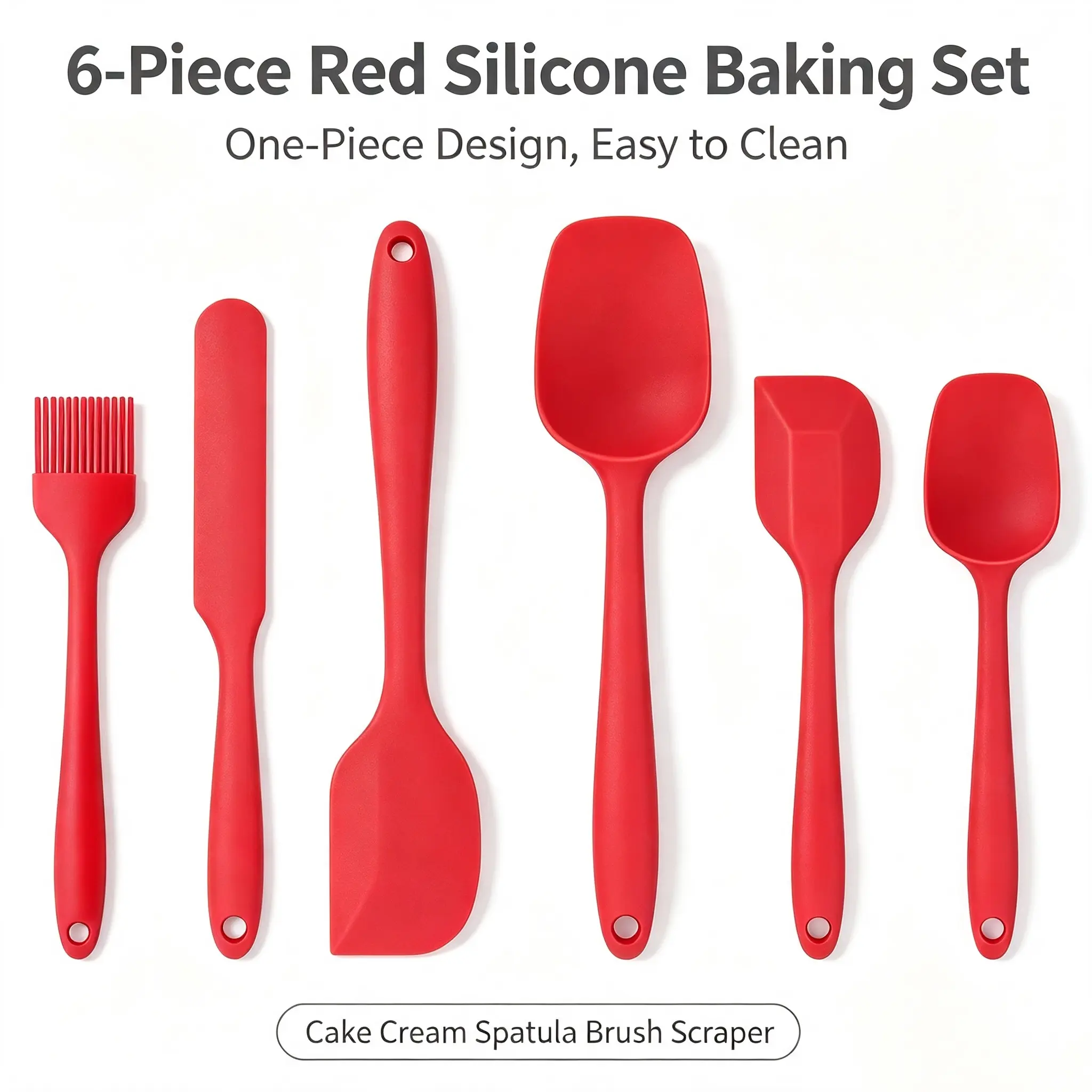 6-Piece Red Silicone Spatula Set, One-Piece Heat-Resistant Kitchen Tools for Baking, Mixing, Scraping, Flipping and Grilling