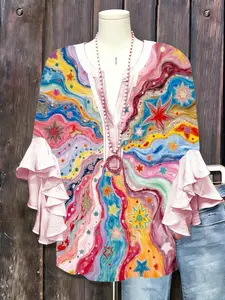 Women's Bohemian V-Neck Loose Graphic Blouse, Half-Sleeve Ruffle Colorful Artistic Flowy Vintage Casual Top, Cute Tops for Women,summervibes