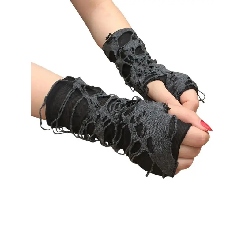 Gothic Fingerless Arm Sleeves with a Distressed Ripped Look, Long Emo Style for Dark Punk Themed Events & Cosplay Accessories, No, Costume Parties, Torn Texture