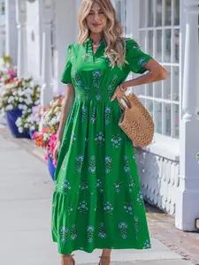 Floral Print Split Neck Shirred High Waist Ruffle Hem Maxi Dress, Split Neck, Short Sleeves and Flattering Maxi Length Cut.