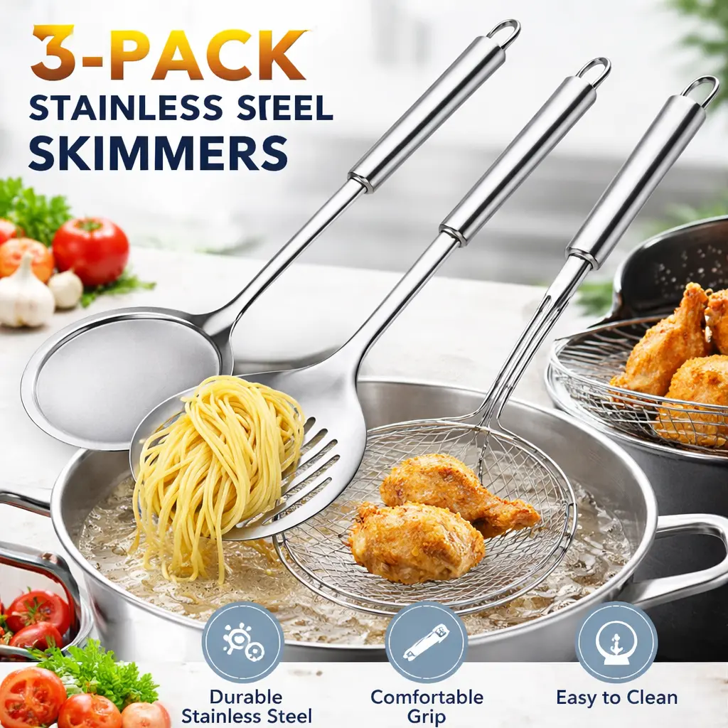 13-Inch 3-Piece Kitchenware Stainless Steel Skimmer Ladle Set - Long-Handled with Central Hole Draining Spoons, Wire Spider Strainer, Hot Pot Fat Skimmer - Heat-Safe Multitasker for Stainless Steel Cooking, Hot Oil Use