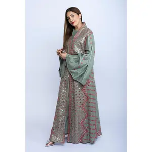 Mint Green Linen Kaftan with Red Embroidered Bishit and Belt