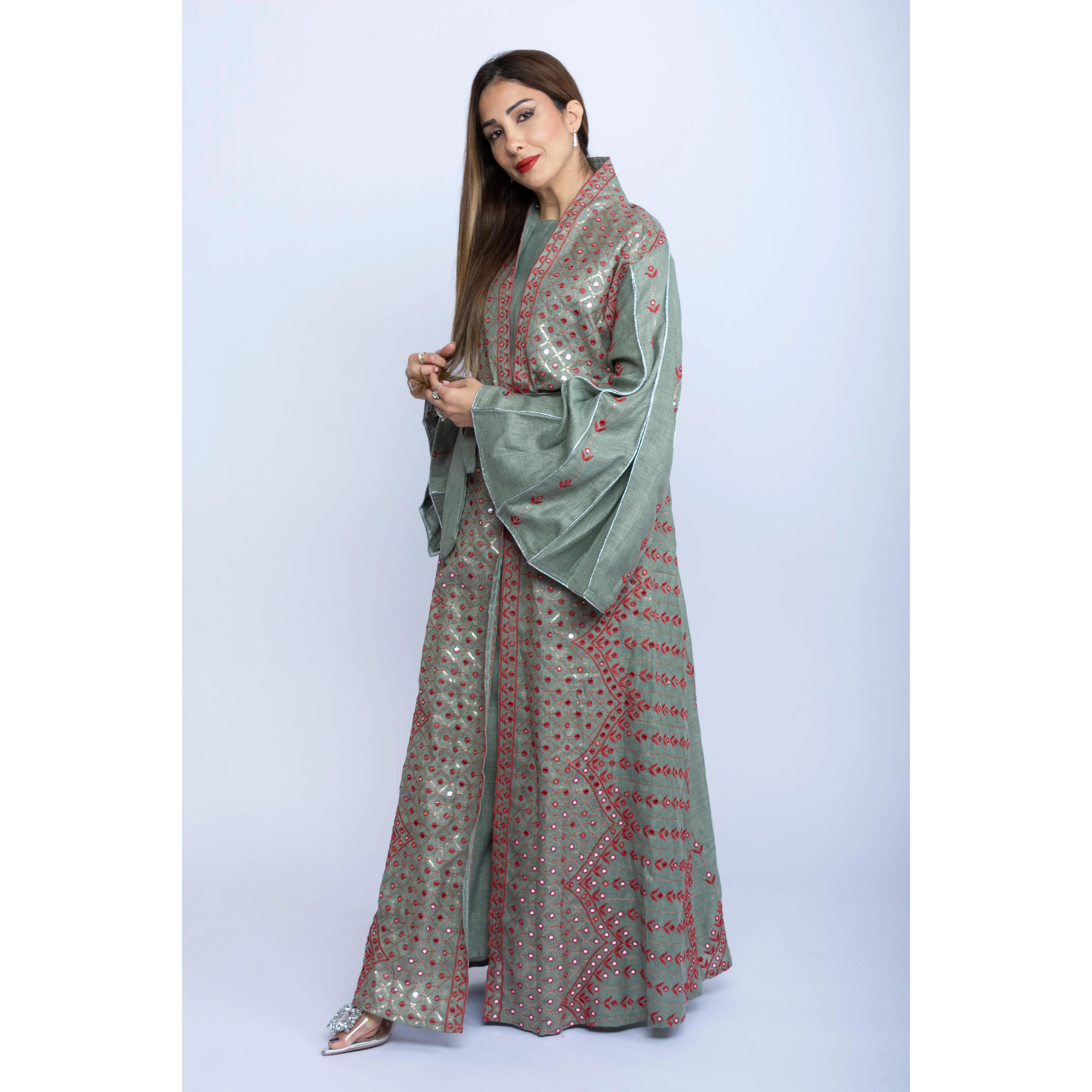 Mint Green Linen Kaftan with Red Embroidered Bishit and Belt