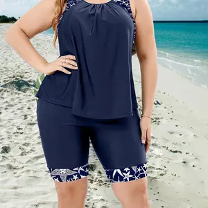Plus-size women's tankini set with five-piece bottoms and swimsuit
