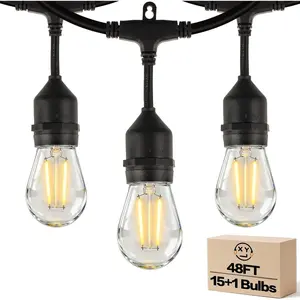 Outdoor String Lights, Super Bright LED - 48FT 15 S14 Bulbs (1 Spare), IP65 , Commercial Grade & Shatterproof, Dimmable, UL Listed for Patio, Porch, Backyard, Gazebo