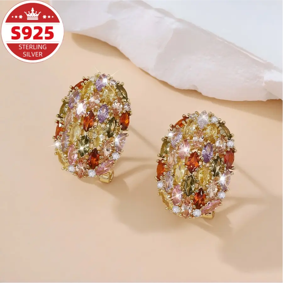 Women's S925 Sterling Silver Stud Earrings - Synthetic Zirconia Rainbow Multicolor Clip-On Jewelry, Handcrafted Luxury Accessory, Ideal Gift for Valentine’s Day, Christmas