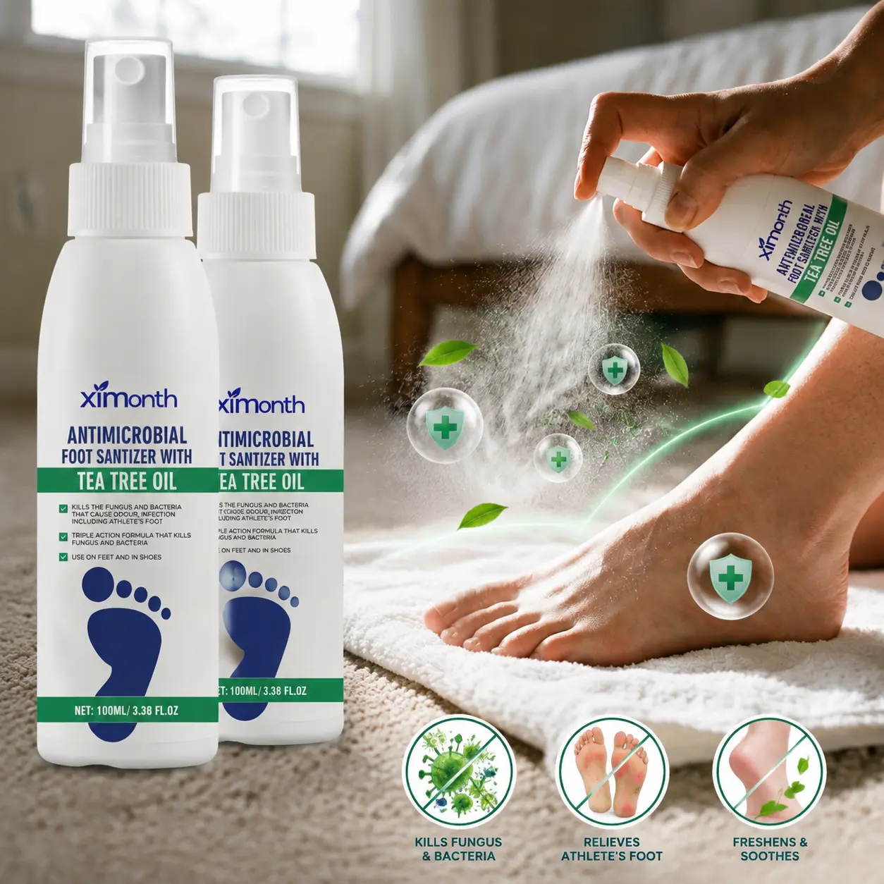 (2 bottles)Tea Tree Oil Foot Spray - Plantar Moisturizing Deodorant for Odor Control & Dry Feet Care, Natural Foot Sanitizer with Antifungal Properties,Ximonth Clear Foot Sanitizer Spray,for Foot & Shoe Freshness