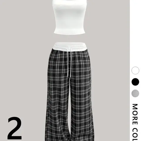 Women's Two-Piece Casual Set, and Striped Tartan Long Pants, Fitted Fashion Camisole Top and Pants Combo for All Seasons, Trendy Street Style Everyday Clothes
