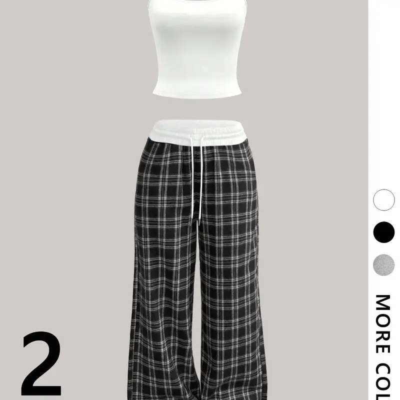 Women's Two-Piece Casual Set, and Striped Tartan Long Pants, Fitted Fashion Camisole Top and Pants Combo for All Seasons, Trendy Street Style Everyday Clothes