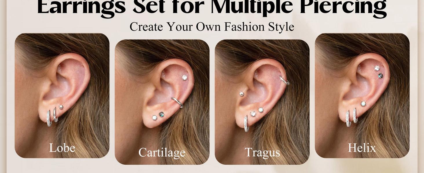 Hypoallergenic Stud Hoop Earrings for Women Small Flat Back Surgical Stainless Steel Earrings for Sensitive Ears Trendy Silver Hoops Cartilage Earring Stacks Set Multiple Piercing Jewelry Gifts