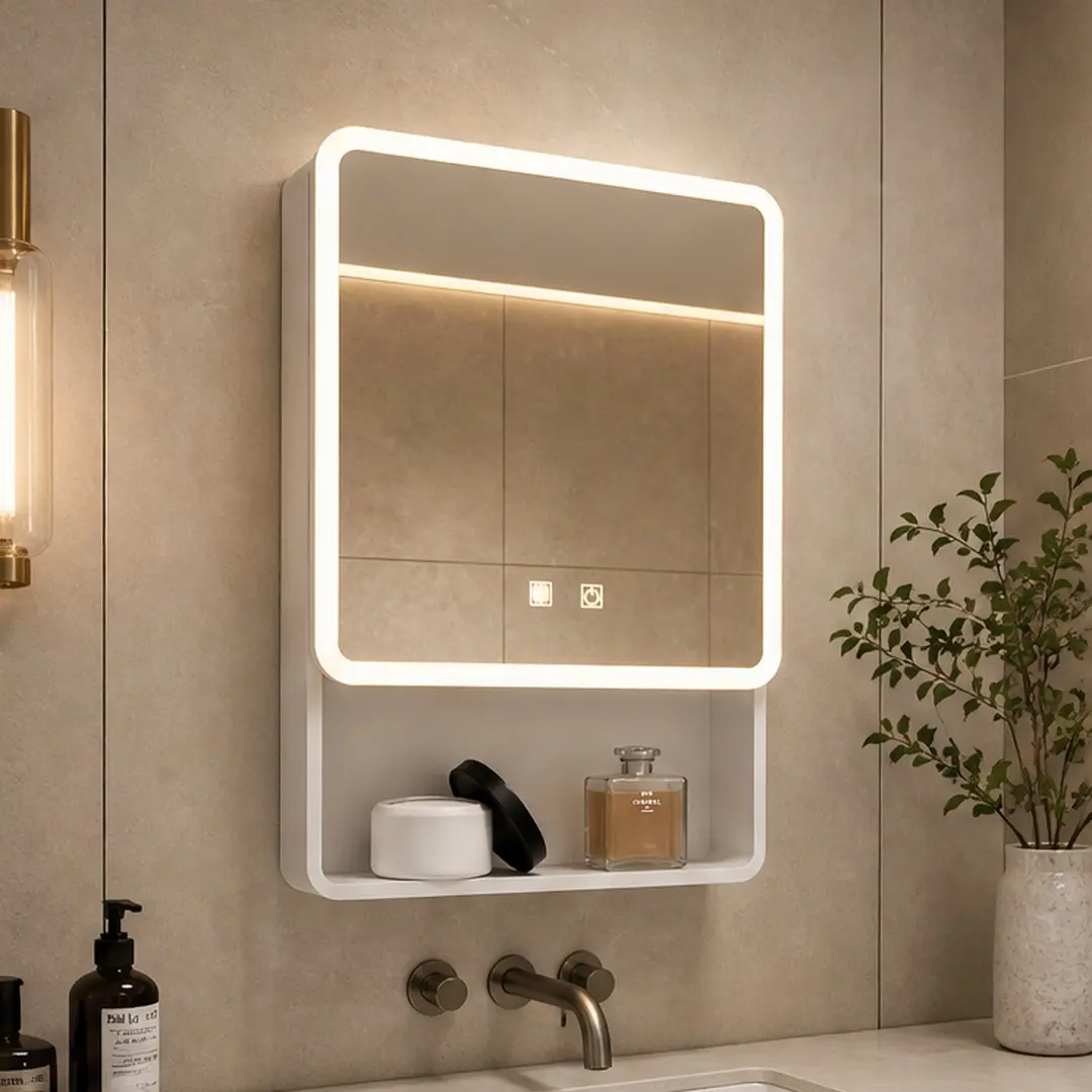 White Aluminum-Plastic Rectangular ARCH LED Anti-Fog Mirror Bathroom Medicine Cabinet - Wall-Mounted Upgrade Cabinet Furniture, 19.69x27.56", Single Door, Single-Color Warm Light, Multi-Layer Shelves, Door Storage, Space-Saving, Easy Install, 11.68 Lb, Ba
