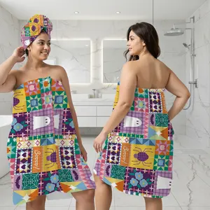 Women's Full Size Bathrobe & Dry Hair Cap Set, Adjustable Button Design, Super Soft Absorbent Fabric, Travel Shower Use