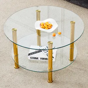 Modern Round Coffee Table, Double Layer Tempered Glass Coffee Table, Cocktail Table with Stainless Steel Legs, Side Table Center Tables Accent Table for Living Foom, Reception Room, Office (Gold)