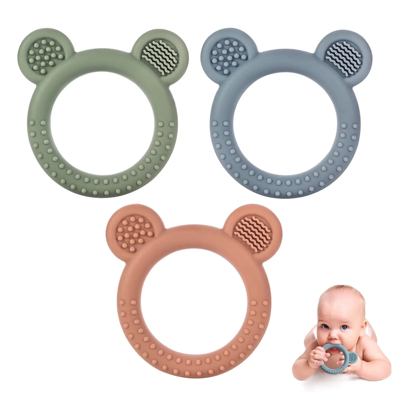 BPA-Free Silicone Bear Ring Teething Toys for Babies, Set of 3 Soft, Textured Infant Chew Toys for Sore Gums Relief – Ideal Baby Gift