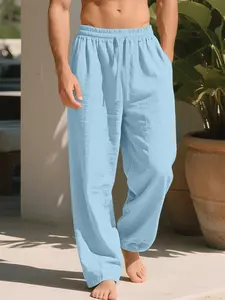 Men's linen pants, Casual fit trousers, Casual chic trousers, loose, straight-leg silhouette with an elastic waistband and drawstring, These solid-colored trousers exude a relaxed vibe, a year-round essential