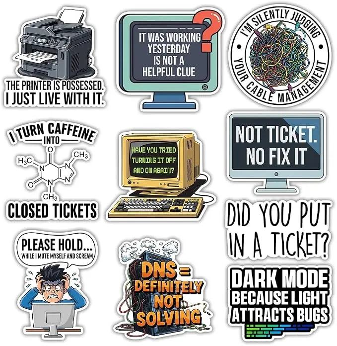 10pcs- Funny Tech Support Stickers Bulk Just Put in A Ticket Help Desk Stickers IT Support Gifts for Technician, Help Desk Administrator Computer IT Decorations Laptop Water Bottles Luggage