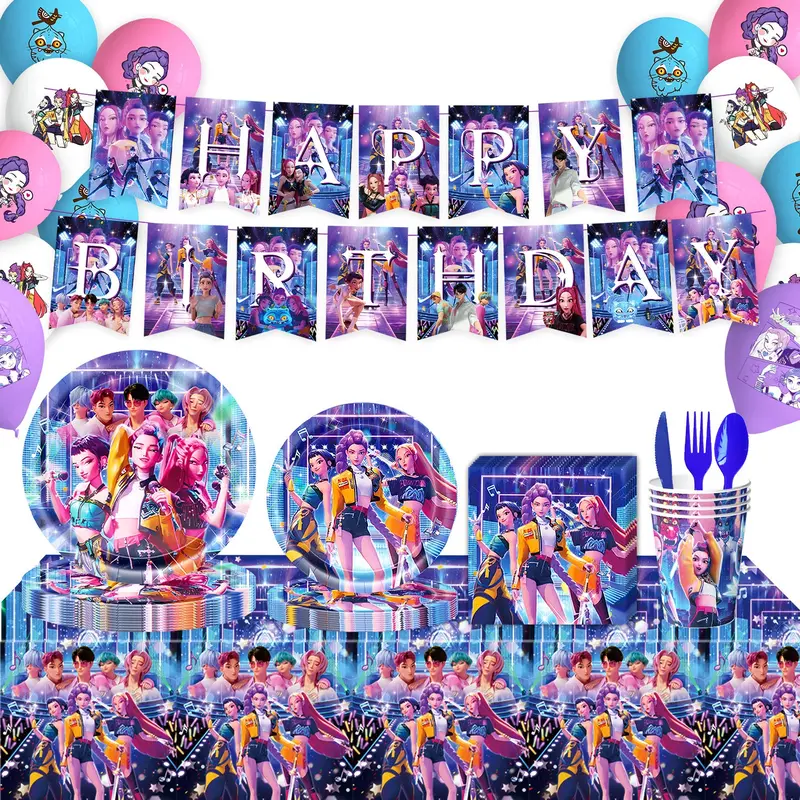 KPOP Hunter Girl Birthday Decoration Set, Pull Flag, Balloons, Tableware, Banner, Holiday Hanging Decor, Perfect Gift for Friends