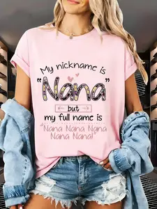 Women's Casual Short Sleeve T-Shirt, Nana Fun Nickname Floral Heart Print, Loose Fit Round Neck, Sweet Cool Style Daily Top Tee, Womenswear