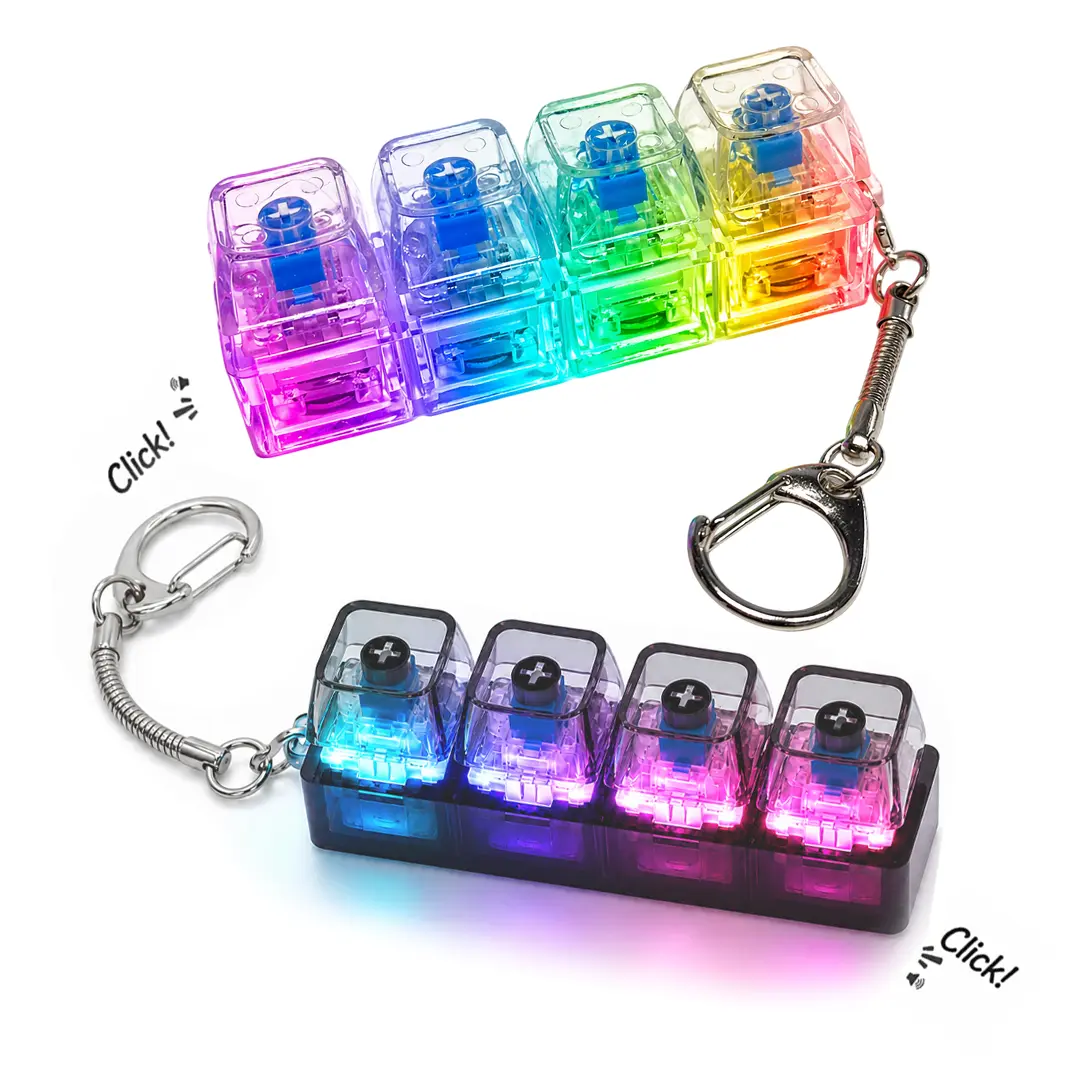 LED Light Up 4-Key Mechanical Keyboard Switch Tester Fidget Keychain, Transparent Rainbow Glow Clicker Toy, Portable Stress Relief Sensory Bag Charm Key Ring Gift for Gamers Teens Adults