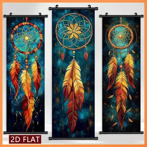 3 Pcs High-Definition Feather & Night Scroll Paintings, Bohemian Starry Sky Style Wall Canvas Painting, Bedroom Living Room Decor, Spiritual Home Decoration