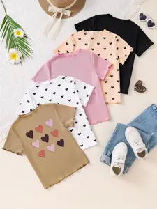 Girl's Heart Print Tee, Casual Short Sleeve T-shirt for Summer, Kids Clothes for Daily Wear, Cute Basic Tee
