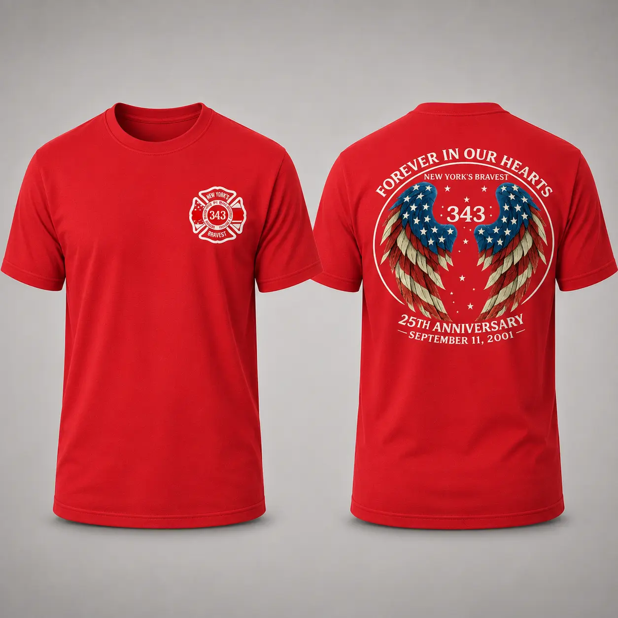 Men’s 343 Fallen Firefighters 9/11 25th Anniversary Short-Sleeve Graphic T-Shirt, Forever in Our Hearts Angel Wings Memorial Tee
