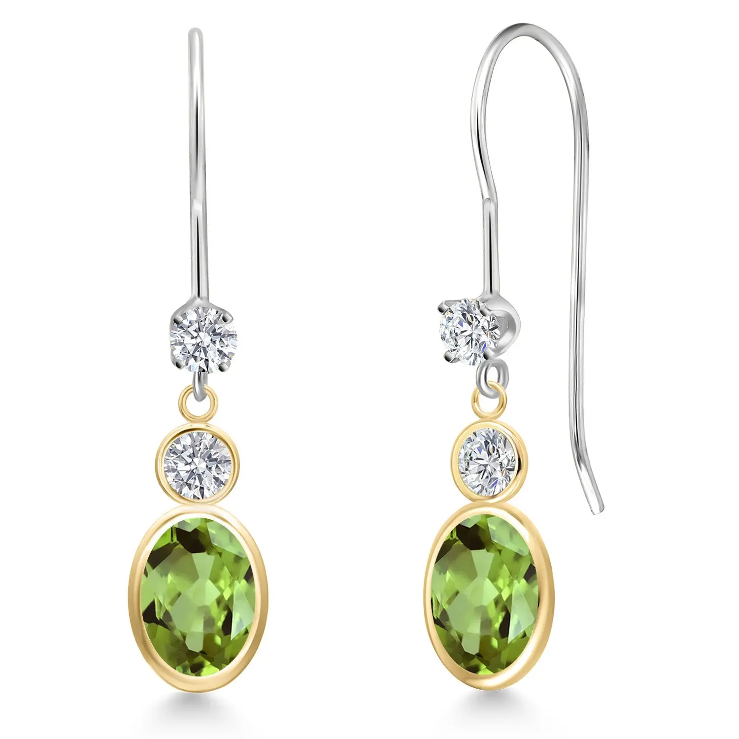 14K Two Tone Gold Green Peridot and Lab Grown Diamond Dangle Earrings for Women | 2.16 Cttw | Gemstone August Birthstone | Oval 7X5MM