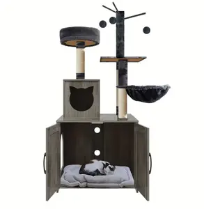 Cat tree tower multi - layer furniture, easy to assemble, the perfect gift for cats, apartment pet playground, wooden cat litter box enclosure, cat house with scratching post and platform, wooden cat apartment with scratching post, porch, cat hole