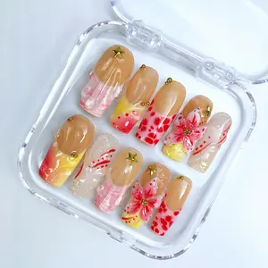 milo.nail&care Sunset Hibiscus Press-On Nails, Pink Yellow Ombre French Tip, 3D Floral Art, Star Charm Detail, Glossy Square Handmade Tropical Vacation Nail Set