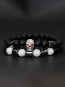 Men's Evil Skull Stone Beaded Bracelet Set, Hematite Healing Matte Stone Hand Chain, Hip Hop Punk Style Jewelry Accessories, Trendy Jewelry